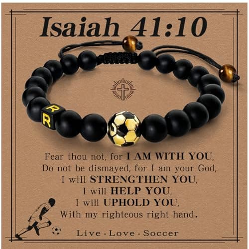 GIGLIM Soccer Initial Bracelet for Boys Men 18K Gold Plated Brass Soccer Charm with 19 Obsidian Beads & 2 Tiger Eye Pendants Inspirational Sport Bracelet Birthday Easter Son Grandson Nephew Friend - Image 1