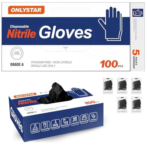 ONLYSTAR 5-Mil Food Grade Disposable Nitrile Gloves Large, 100Pcs + 5 Bonus Travel Packs Black Cooking Gloves, Latex & Powder Free, Touchscreen, Textured Grip for Cleaning, BBQ, Grill, Tattoo, Barber - Image 1