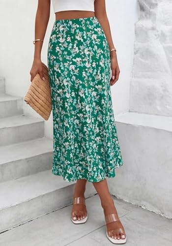 BTFBM Satin Skirts for Women Trendy Spring Summer 2026 High Waisted Leopard Print Cocktail Wedding Long Silk Midi Skirt(Floral Green White, X-Large) - Thumbnail 4