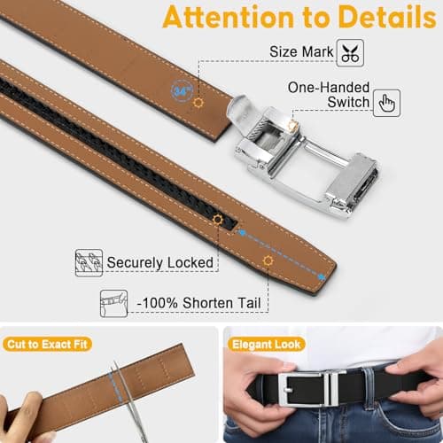 ITIEZY Ratchet Belt for Men - 1 3/8" Click Leather Belt for Dress and Casual, No Holes Adjustable Trim to Fit - Thumbnail 4