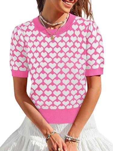 Women Puff Short Sleeve Sweater Casual Cropped Knit Shirts Cute Heart Holidays Graphic Print Pullover Jumper Tops 2025 Hotpink - Image 1