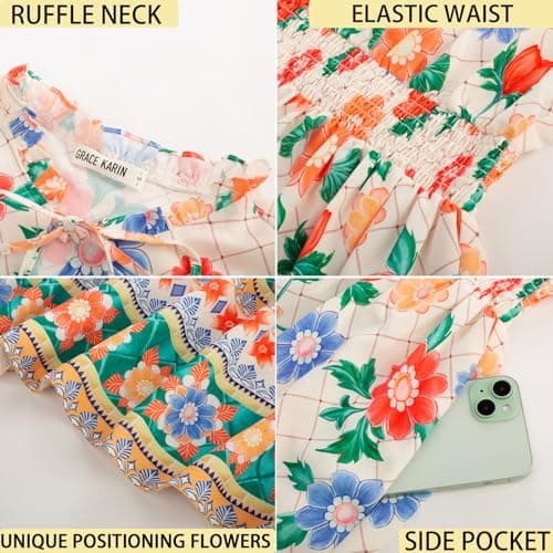 Womens Summer Boho Maxi Dress Casual Sleeveless V Neck Floral Beach Dresses with Pockets Apricot Green Flowers XXL - Thumbnail 5