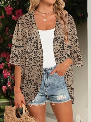 GKBK Woman Floral Print Puff Short Sleeve Shawl Chiffon Kimono Cardigan Loose Fit Swimsuit Coverup Summer Beach Blouse Boho Tops Beachwear Capes Swimwear Ladies Shirts Dressy Casual Clothes Leopard M - Thumbnail 2