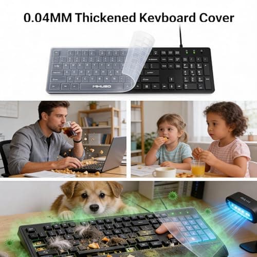 MIKUSO Wired Computers Keyboard with Cover Comfortable Hand Feel,Laser Engraved Characters,12 Multimedia Keys USB Interface Suitable for Laptop PC,Full Size 104 Keyboards, Plug and Play, Office - Thumbnail 2