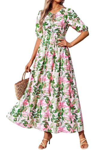 KIRUNDO Spring Dresses for Women 2026 Summer Wedding Guest Boho Floral 3/4 Sleeve Beach Vacation Cruise Flowy Maxi Dress(Green, Medium) - Thumbnail 5