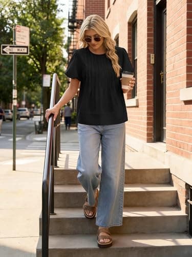 Funlingo Womens Blouses Summer Short Puff Sleeve Babydoll Tops for Women Casual Crew Neck Flowy Pleated Shirts Cute Clothes Black XL - Thumbnail 6