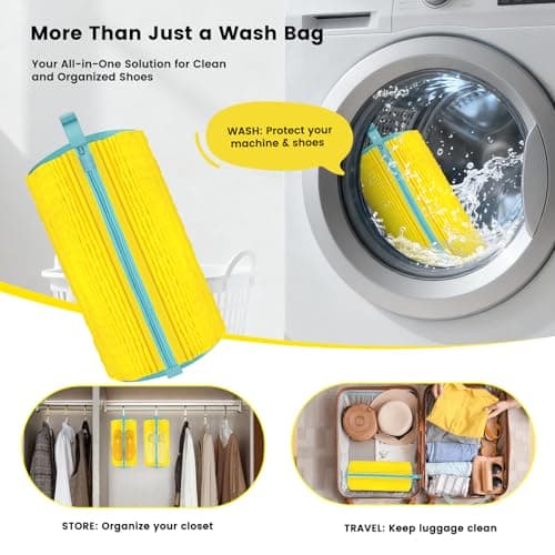 XQXA Shoe Washing Machine Bag 2-Pack - Reusable Shoe Washing Bag with Hidden Zipper, Machine Washable Shoe Bag for Sneakers, Tennis & Athletic Shoes (Yellow) - Thumbnail 5