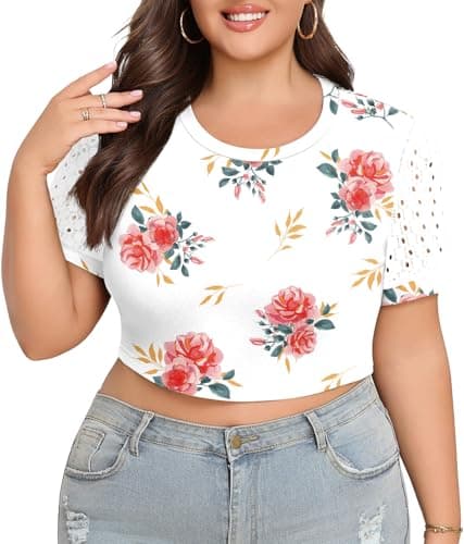 Lastshe Plus Size Yoga Crop Top for Women Summer Lace Sleeve Running Tshirts Oversize Workout Gym Everyday Print Tees,Roses White,1X - Image 1