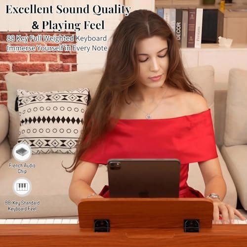 PLYOR 88 Key Digital Piano Keyboard with Stand & 3 Pedals, Full Weighted Keyboard Electric Piano for Beginners, Hammer-Action Home Digital Piano with Desk Mode, Headphone Jack, USB-MIDI, Brown - Thumbnail 2