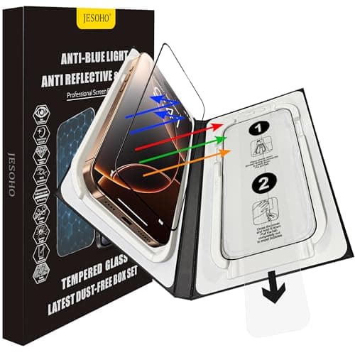 JESOHO Anti Glare Screen Protector for iPhone 16 pro/17, Blue Light Blocking, Anti-Reflective Shatterproof HD Tempered Glass with Easy Installation Tray,Touch Sensitive 9H Anti-Scratch,2 Pack - Image 1
