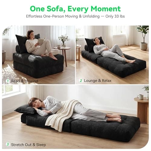MONVANE Oversized Folding Sofa Bed, Fold Out Chair Bed with Pillow, Convertible Sleeper Chair for Living Room, Guest Room & Bedroom, 400+g Comfy Teddy Velvet Couch Bed for Adults & Kids, Black - Thumbnail 3