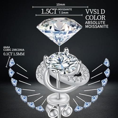 Moissanite Stud Earrings for Womens 3 Carat S925 Sterling Silver Earrings for Women D Color VVS1 Clarity Moissanite Earrings - Thumbnail 2