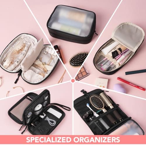 Idcymoul Travel Toiletry Bag 5-Piece Kit, Hanging Toiletries Bag+TSA Approved Cosmetic Bag+Jewelry Bag+ Brush Bag+Cable Bag, Professional Travel Essentials Accessories Organizer for Women- Black - Thumbnail 3