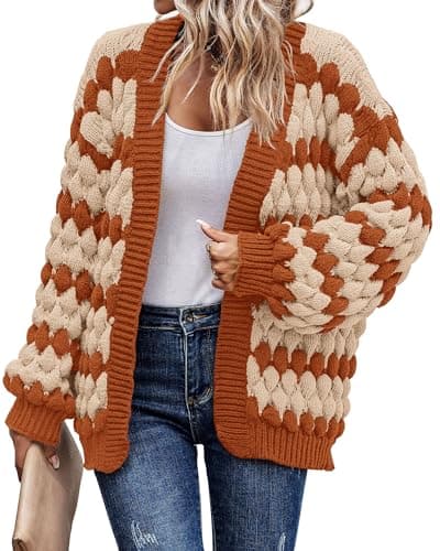 KIRUNDO Womens Sweaters Cardigan Lantern Sleeve Open Front Chunky Cardigan Loose Fashion Color Block Striped Sweater Plus Size Knitwear Halloween Cardigan(Orange, Small) - Image 1