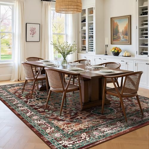 U'Artlines Boho Vintage Area Rug 8x10 Machine Washable Low Pile Ultra-Thin Soft Floor Carpet Non Slip Non Shedding Accent Rug for Living Room Bedroom Entryway Dining Room Office(Rust＆Teal) - Thumbnail 6