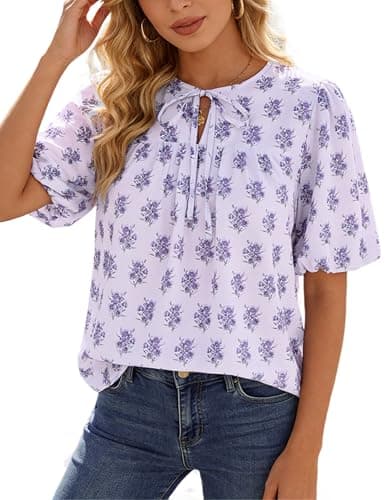Belle Poque Purple Floral Babydoll Tops for Women Short Puff Sleeve Tie Front Blouse Loose Fit 2026 Summer Boho Tops L - Image 1
