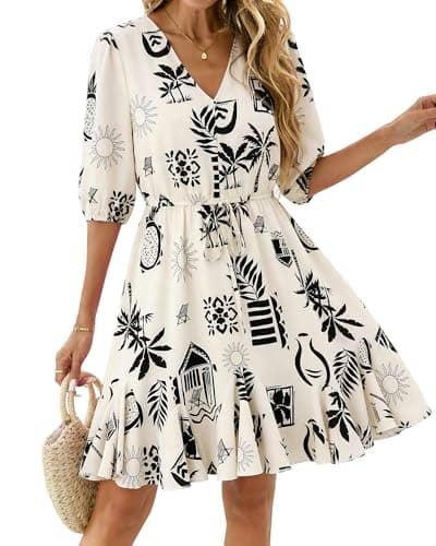 BTFBM Women Summer Spring Floral Boho Dress 2026 V Neck Short Sleeve Ruffle Beach Vacation Clothes Wedding Guest Dresses(Floral Apricot Black, Small) - Image 1