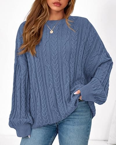 KIRUNDO Oversized Chunky Cable Knit Sweater Women 2026 Fall Fashion Cozy Long Sleeve Crewneck Pullover Winter Clothing(Blue, XX-Large) - Thumbnail 3