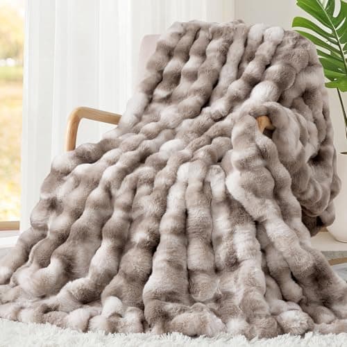 Touchat Luxury 1000GSM Faux Rabbit Fur Throw Blanket, Super Heavy Warm Cozy Brown Blankets for Couch Bed Sofa, Ruched Plush Fuzzy Elegant Soft Reversible Mink Blanket for Living Room Bedroom - Image 1