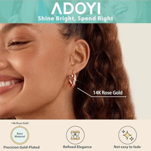 Adoyi Rose Gold Hoop Earrings Set for Women Girls Trendy 14K Plated Gold Hoops Small Chunky Earrings Twisted Huggie Ear rings Pack Lightweight 9 Pairs Jewelry Set for Mother's Day Birthday Gifts - Thumbnail 6