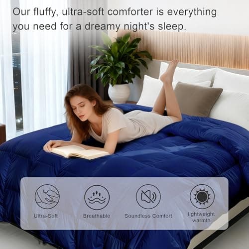 ALPSWAN Luxury Goose Feather Down Fiber Comforter Queen Size, 300TC Blue Cotton Blended Duvet Insert, All Season Hotel Bedding Alternative Down Comforter with Corner Tabs (Blue, Queen) - Thumbnail 3