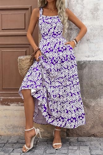 PRETTYGARDEN Womens 2026 Summer Dresses Fashion Clothing Floral Maxi Dress Ruffle Long Flowy Boho Beach Vacation Sundresses (Floral Purple White,Large) - Thumbnail 4