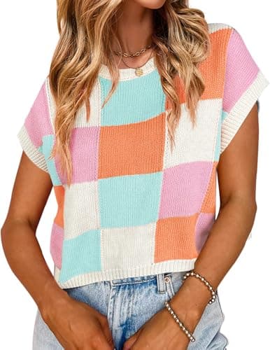 Libsorge Women's Knit Crop Top - Checkered Cute Sweater, Cap Sleeve, Crew Neck | Trendy Casual Short Sleeve Pink - Image 1