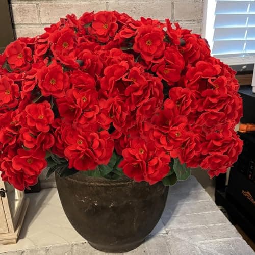 BSMYBO 6PCS Artificial Geraniums Outdoor Flowers, Faux Red Geraniums Artificial Flowers Plants Outdoor UV Resistant Plants, Realistic Silk Flowers for Cemetery, Front Porch Decor, Table Centerpiece - Image 1