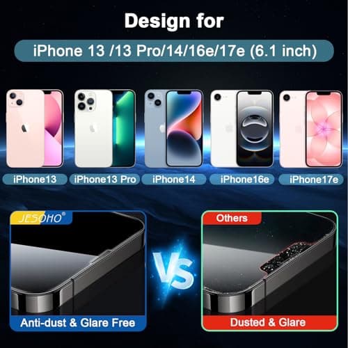 JESOHO Blue Light Screen Protector for iPhone 13/13 Pro/14/16e/17e (6.1inch), Eye Protection Tempered Glass Film, Scratch-Resistant, No Bubble with Easy Installation Kit, 2 Pack - Thumbnail 2