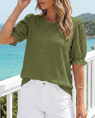 KIRUNDO Lace Tops for Women Trendy 2026 Summer Work Blouse Casual Crewneck Hollow Out Short Sleeve Shirts Beach Vacation(Army Green, X-Large) - Thumbnail 4