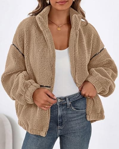 KIRUNDO Sherpa Jacket Women Fleece Oversized Zip Up Winter Coats Fall Jackets Faux Fur Warm Outwear 2026 Fashion Clothing(Khaki, XX-Large) - Thumbnail 2