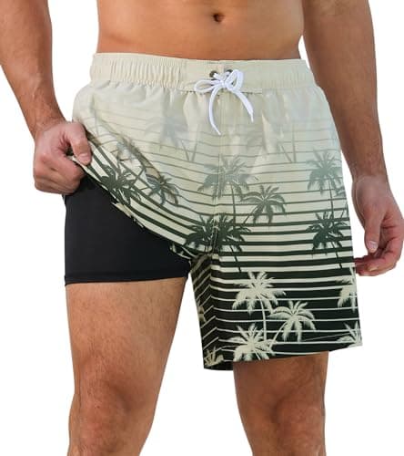 SILKWORLD Mens Swimming Trunks Elastic Waist Bathing Suit 2 in 1 Quick Dry Swim Shorts, Khaki Coconut Tree, Large - Image 1