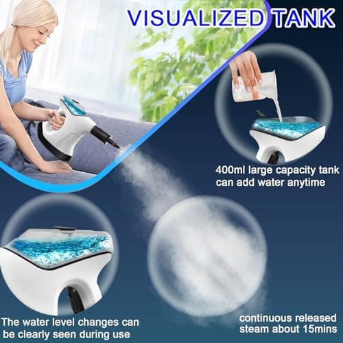 Handheld Steam Cleaner for Home, 10S Immediate Heat Hand Held Steam Cleaner, with Visualized Large Water Tank & 9 PCS Accessories & Safety Lock, for Kitchen,Couch,Floor,Window,Car (WHITE&BLACK) - Thumbnail 4