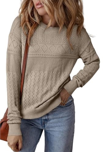 SHEWIN Sweaters for Women Trendy Crewneck Crochet Long Sleeve Pullover Tops Lightweight Sweater Fall Outfits for Women 2025, Smoke Gray, S - Image 1