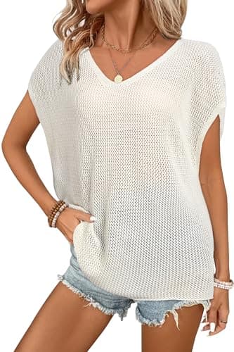 Arach&Cloz 2025 Women Summer Sweaters Vest Crochet Tops Plus Size Trendy Oversized Boho Short Sleeve Fashion Vacation Outfits Clothes Country Concert Outfits Resort Wear Beige - Image 1