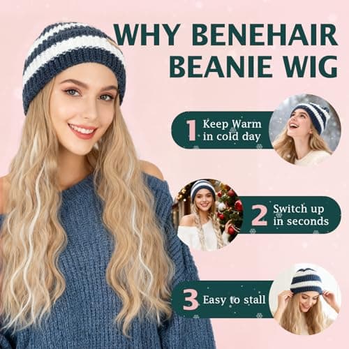Benehair Beanie Wig for Women with Hair Attached 18'' Long Wavy Synthetic Hair Extensions Knitted Hat Keep Warm in Winter Christmas Gifts Medium Brown&Bleach Blonde - Thumbnail 5
