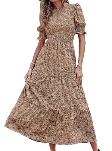 BTFBM Women Casual Summer Dresses 2025 Spring Crew Neck Ruffle Short Sleeve Floral Print Smocked Boho Flowy Maxi Dress(Dot Apricot Brown, Medium) - Image 1