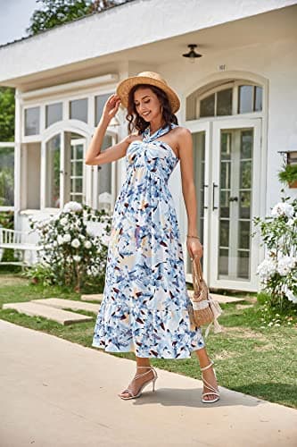 GRACE KARIN 2025 Summer Women's Criss Cross Halterneck Sleeveless Floral Print Flowy A Line Maxi Dress Floral White Blue M - Thumbnail 3