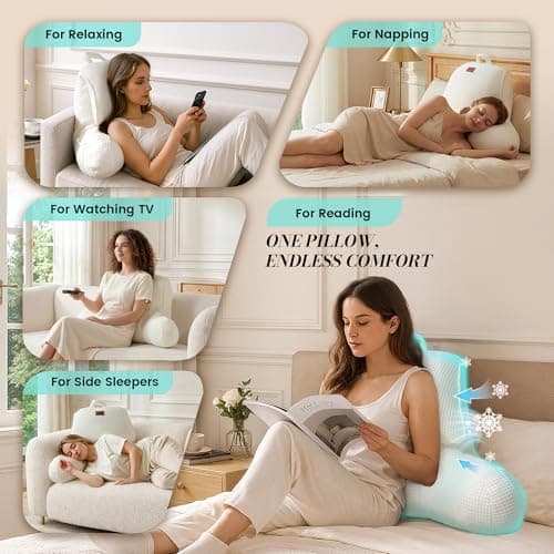 Amélie Home Premium Cooling Waffle Reading Pillow, Qmax>0.37 Ergonomic Back Support with Pocket & Handle, Breathable Lounging Pillow for Bed Sofa Floor Summer, Washable Cover, 17 Inches, Ivory - Thumbnail 2