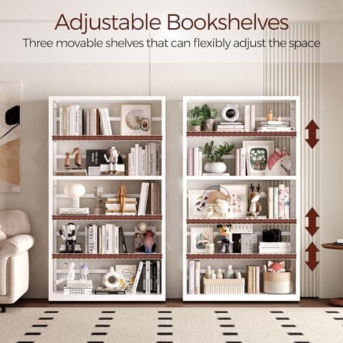 Kubohogar Book Shelf, 5 Tier Metal Bookshelf with Adjustable Shelves, Open Shelf Bookcase for Home Office & Living Room, CD Storage Racks, White 31" Wide - Thumbnail 5