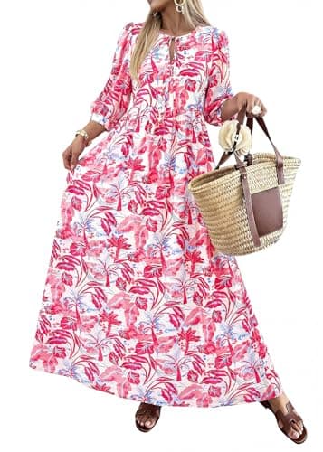 KIRUNDO Women Summer Beach Vacation Wedding Guest Dresses 2026 Spring Boho Floral 3/4 Sleeve Loose Cruise Flowy Maxi Dress(Red, Large) - Image 1