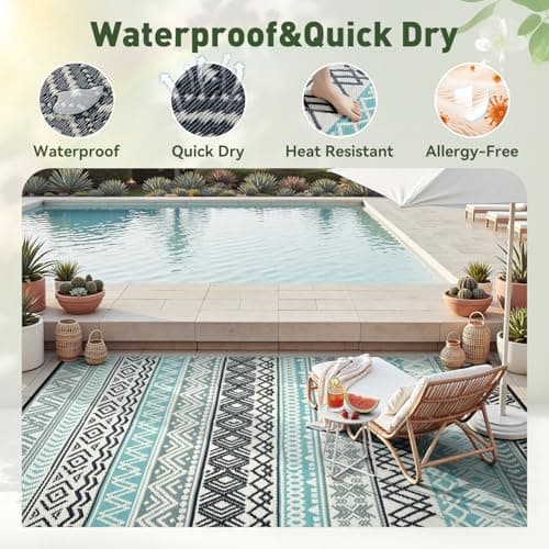 MontVoo Outdoor Rug Carpet Waterproof-Patio Rug Mat 6x9 Reversible RV Outdoor Camping Rugs Picnic Beach Mats Plastic Straw Outside Rugs for Balcony Porch Pool Deck Boho Patio Decor - Thumbnail 2