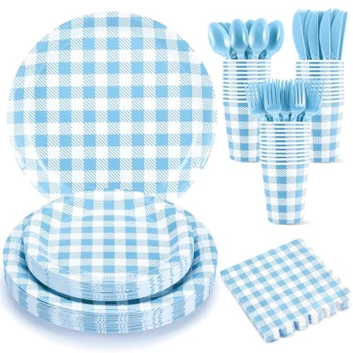 NatNarr 175 Pcs Gingham Paper Plates, Boy Baby Shower Decorations Include Blue Gingham Plates and Napkins Cups Disposable Blue Dinnerware for Picnic, Wedding, Birthday - Image 1