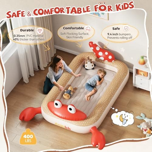 CoziBB Inflatable Toddler Travel Bed, Portable Travel Bed with Flocked Mattress, Built-in Pillow & Carry Bag, 4 Side Safety Bumpers for Toddlers-Hermit Crab - Thumbnail 4