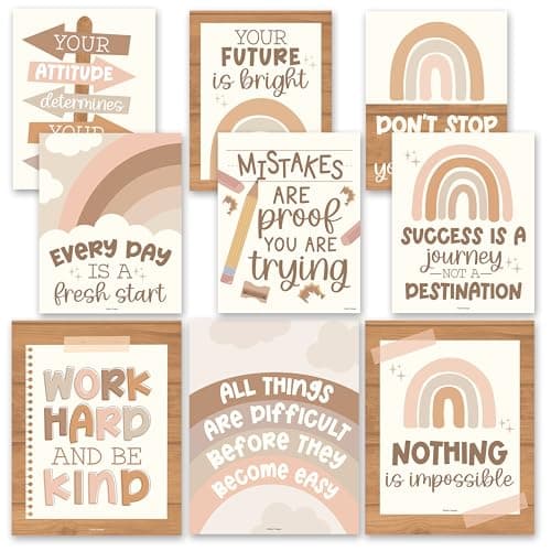 Hadley Designs Motivational Poster for Classroom Decor - 9 Growth Mindset Classroom Posters Elementary, Inspirational Wall Decor Middle School, Teacher Must Haves, Boho Bulletin Board Decorations