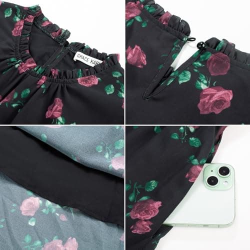 GRACE KARIN Women's Floral Chiffon Dresses Puff Long Sleeve Flowy Wedding Guest Dress Smocked Tiered Maxi Dresses Black L - Thumbnail 5