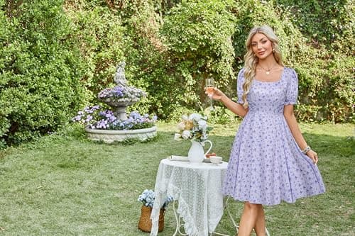 Belle Poque Purple Floral Vintage Elegant Milkmaid Wedding Guest Dress 2026 Summer Square Neck Puff Sleeve Sun Dress XXL - Thumbnail 4