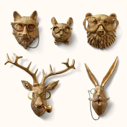 97 Decor 5 Pack Gold Animal Head Wall Decor - Faux Deer Head Wall Mount, Vintage Rabbit Art For Living Room Bedroom Kitchen Office, Fox Animal Sculpture Home Decorations