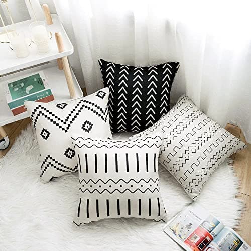 WLNUI Set of 4 Boho Pillow Covers,18x18 Pillow Covers Modern Throw Pillow Covers Black Geometric Mudcloth Linen Neutral Decorative Pillow Covers for Sofa Couch Chair - Thumbnail 6