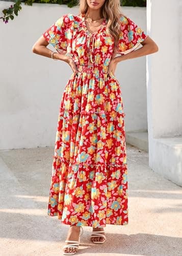 KIRUNDO Spring Summer Wedding Guest Dresses for Women 2026 Boho Floral Short Sleeve V Neck Ruffle Tiered Flowy Maxi Dress(Wine Red, Medium) - Thumbnail 5